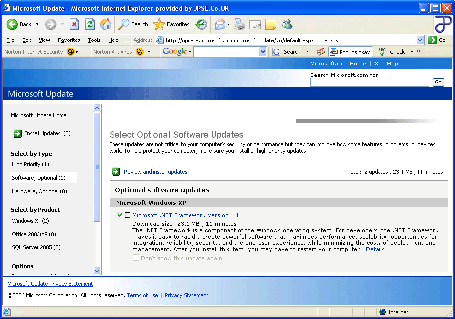Microsoft Update Select Optional Software